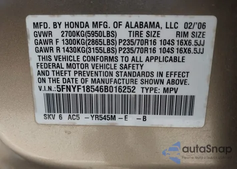2006 Honda Pilot Ex-L from USA, damaged, VIN 5FNYF18546B016252